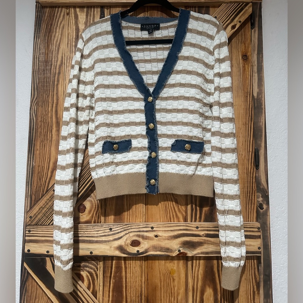 Laundry by Shelli Segal tan white denim button up long sleeve cardigan Large